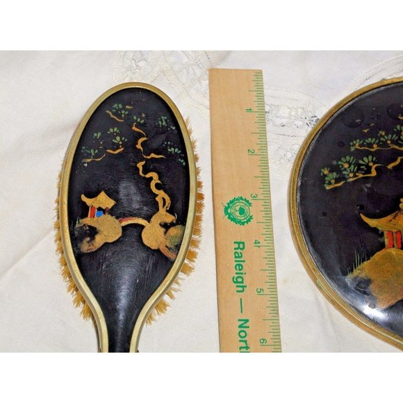 Antique Chinese Bakelite Black and Gold Large Hand Painted Mirror and Brush Set - Picture 11 of 12